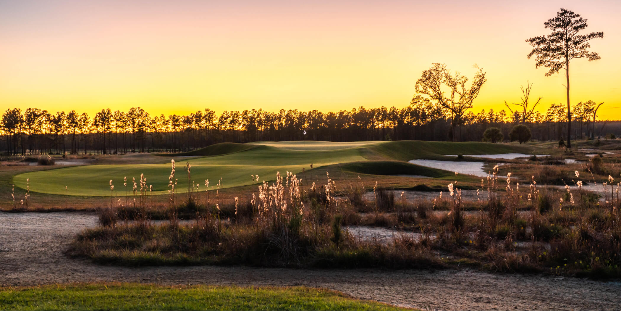 View of The Dye Course at White Oak, with beautiful sunset in the the horizon